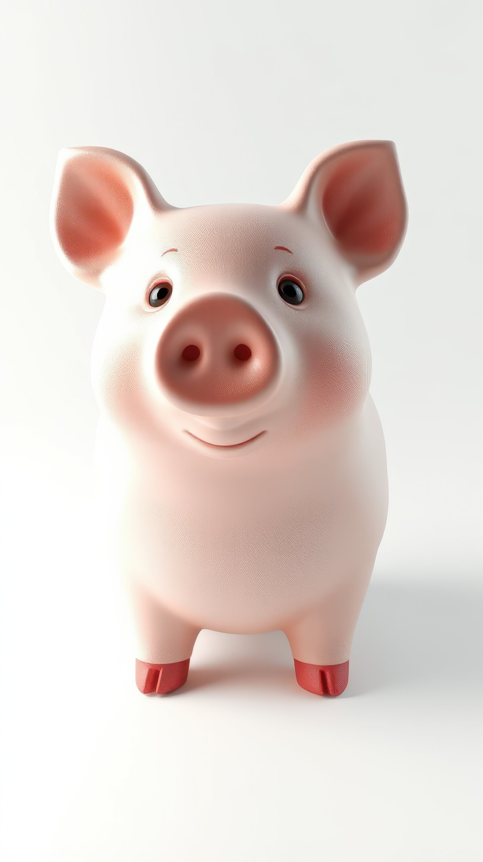 Cute piggy bank figure with a smiling face and friendly expression on a white background
